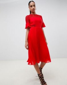 ASOS DESIGN lace insert pleated midi dress-Red