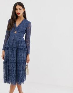 ASOS DESIGN lace long sleeve prom dress with cut out-Blue