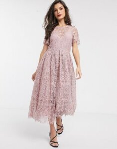 ASOS DESIGN lace midi dress with ribbon tie and open back in soft rose-Pink