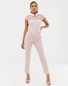 ASOS DESIGN lace top jumpsuit with collar-Pink
