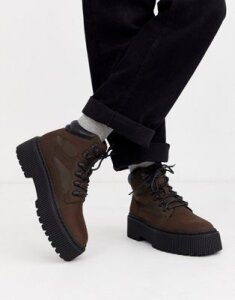 ASOS DESIGN lace up boot in brown faux leather with chunky sole