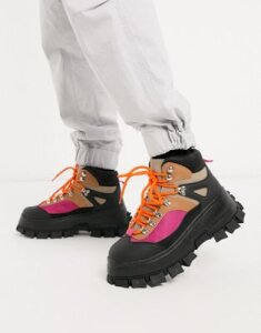 ASOS DESIGN lace up hiker boots in stone faux suede with color pop detail on black chunky sole-Multi