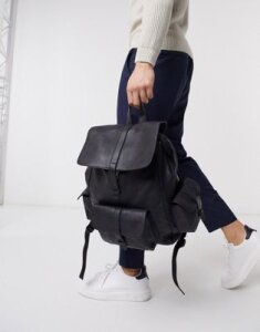 ASOS DESIGN leather backpack in black with multi pockets