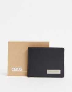 ASOS DESIGN leather bifold wallet in black with branded metal plate
