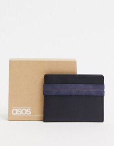 ASOS DESIGN leather cardholder in black with blue elastic detail
