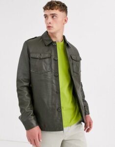 ASOS DESIGN leather quilted overshirt in khaki-Green