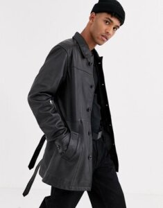 ASOS DESIGN leather single breasted trench coat in black