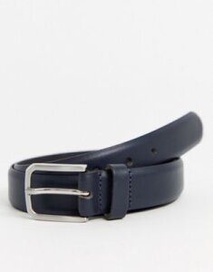 ASOS DESIGN leather slim belt in navy with silver buckle