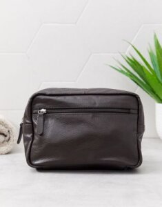 ASOS DESIGN leather toiletry bag in brown with zip detail