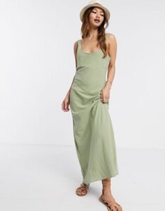 ASOS DESIGN linen cami maxi dress in khaki-Green