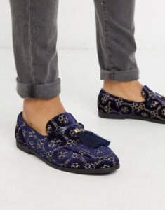 ASOS DESIGN loafers in navy velvet print with tassel