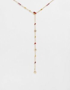 ASOS DESIGN long lariat necklace with summer jewels and hammered discs in gold tone