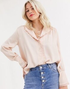 ASOS DESIGN long sleeve blouse with frill collar detail-No Color