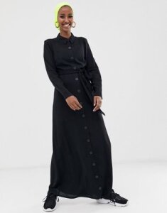 ASOS DESIGN long sleeve button through maxi dress with belt-Black