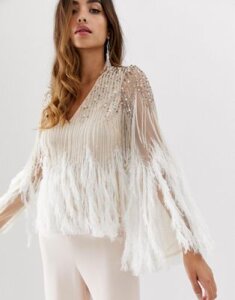 ASOS DESIGN long sleeve embellished top with faux feather trim-Beige