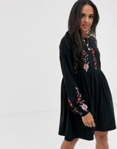 ASOS DESIGN Long sleeve embroidered smock mini dress-Black