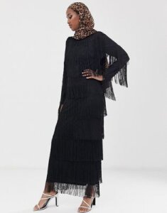 ASOS DESIGN long sleeve fringe column maxi dress-Black