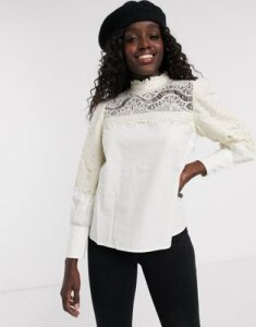 ASOS DESIGN long sleeve high neck top with lace insert-Cream