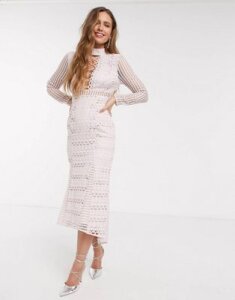 ASOS DESIGN long sleeve lace peplum midi dress with lace up detail in light pink-Multi