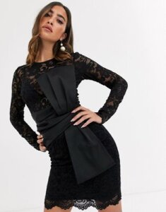 ASOS DESIGN long sleeve lace waist satin bow detail mini dress-Black