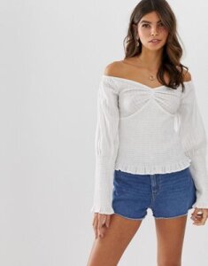 ASOS DESIGN long sleeve off the shoulder top with shirring detail-Pink