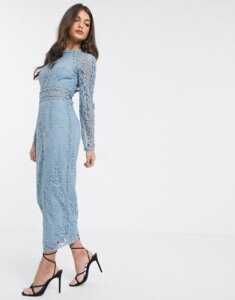 ASOS DESIGN long sleeve pencil dress in lace with geo lace trims dusty blue
