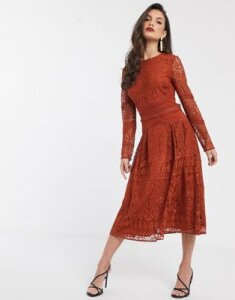 ASOS DESIGN long sleeve prom dress in lace with circle trim details-Orange