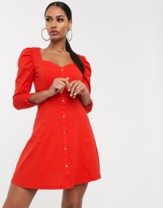 ASOS DESIGN long sleeve puff sleeve popper front tea dress in red