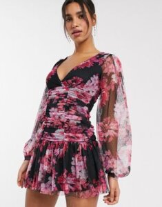 ASOS DESIGN long sleeve ruched floral dobby mesh bodycon mini dress-Multi