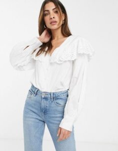 ASOS DESIGN long sleeve shirt with broderie collar-White