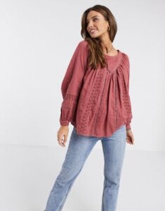 ASOS DESIGN long sleeve smock top with lace insert in Red-No Color
