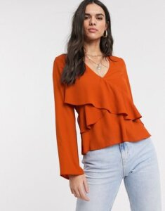 ASOS DESIGN long sleeve v neck top with ruffle detail in Rust-Orange