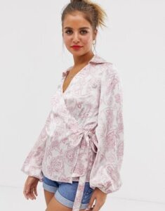 ASOS DESIGN long sleeve wrap top with collar in paisley-Multi