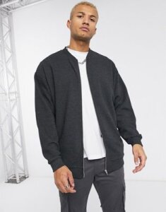 ASOS DESIGN longline oversized jersey bomber jacket in charcoal ribbed fabric-Gray