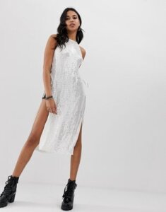 ASOS DESIGN longline sequin top with tie sides-White