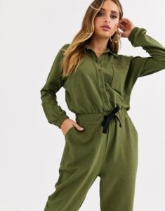 ASOS DESIGN lounge jersey tracksuit jumpsuit with button front-Green