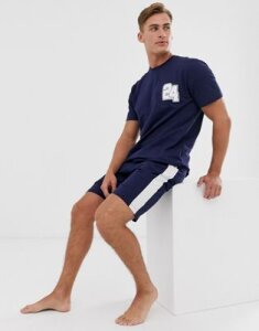 ASOS DESIGN lounge pyjama short and tshirt set with collegiate number and branded waistband-Navy