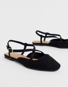 ASOS DESIGN Loyal cross strap square toe ballet flats in black