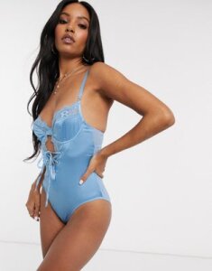 ASOS DESIGN Lucille satin underwire body with lace up front-Blue