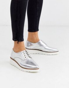 ASOS DESIGN Majesty leather pointed lace up flat shoes in silver