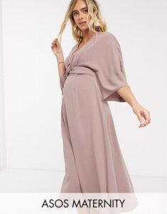 Asos Maternity - Asos design maternity batwing twist front midi skater dress in mink-pink