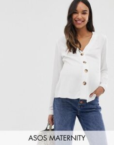 ASOS DESIGN Maternity boxy top with contrast buttons and long sleeve-White