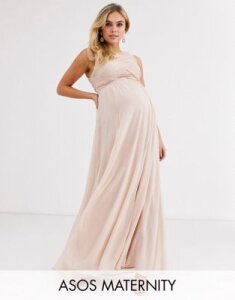 ASOS DESIGN Maternity Bridesmaid maxi dress with soft pleated bodice-Pink