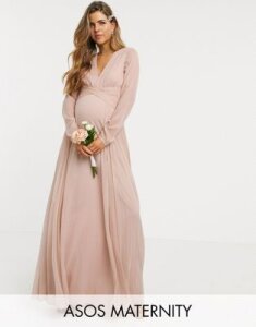 ASOS DESIGN Maternity Bridesmaid ruched waist maxi dress with long sleeves and pleat skirt-Navy