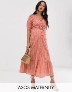 ASOS DESIGN Maternity broderie pephem maxi dress with wooden belt-Pink
