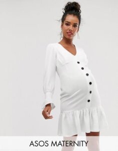 ASOS DESIGN Maternity button through long sleeve mini dress-White