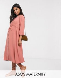 ASOS DESIGN Maternity button through midi shirt dress with ruched waist in pink