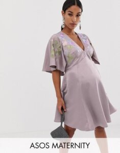 ASOS DESIGN Maternity cape sleeve embroidered mini dress-Purple