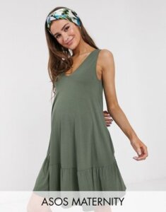 ASOS DESIGN Maternity concealed pocket mini dress with tiered hem in khaki-Green