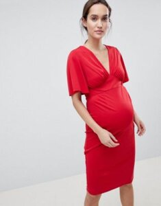 ASOS DESIGN Maternity crepe tea dress with flutter sleeve-Red